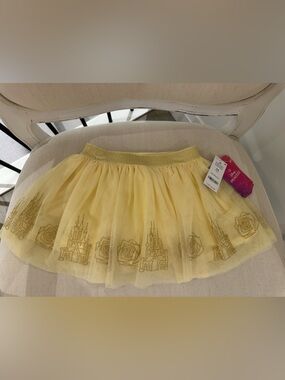 🤍 3T Disney Aurora Butter Yellow Tulle Princess Skort with Gold Castle Trim NWT